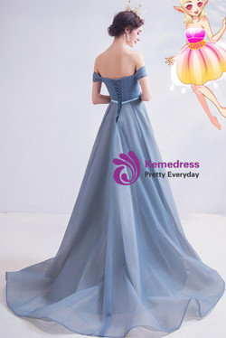 Amazing In Stock:Ship in 48 Hours Blue Off the Shoulder Appliques Pleats Prom Dress 