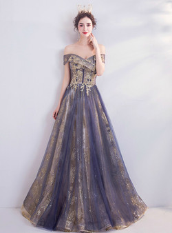 Cheap In Stock:Ship in 48 Hours Purple Tulle Off the Shoulder Appliques Formal Prom Dress