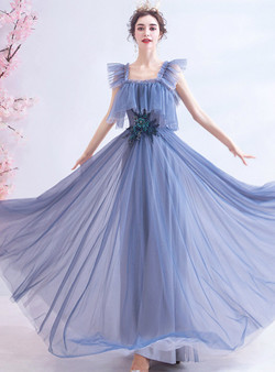 Sweet In Stock:Ship in 48 Hours Blue Square Tulle Beading Long Prom Dress