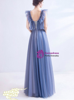 Sweet In Stock:Ship in 48 Hours Blue Square Tulle Beading Long Prom Dress