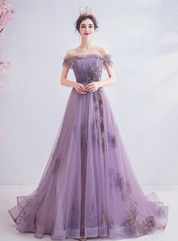 Latest In Stock:Ship in 48 Hours Purple Tulle Off the Shoulder Beading Pleats Prom Dress