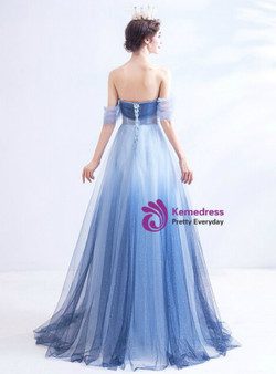 Advanced In Stock:Ship in 48 Hours Blue Tulle Off the Shoulder Beading Appliques Prom Dress