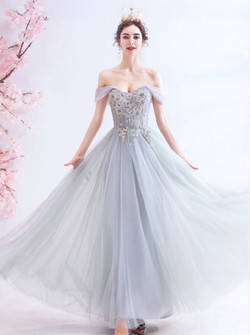Amazing In Stock:Ship in 48 Hours Gray Tulle Off the Shoulder Appliques Beading Long Prom Dress