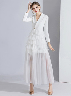 Sweet White V-neck Suit Long Sleeve Tulle Long Sleeve Evening Dress