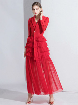 Classic Fashion Red Suit Long Sleeve Tulle V-neck Long Sleeve Evening Dress Classic Fashion Red Suit Long Sleeve Tulle V-neck Long Sleeve Evening Dress
