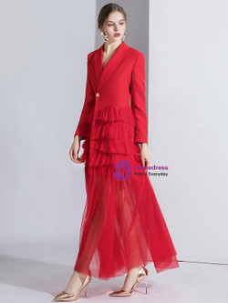Classic Fashion Red Suit Long Sleeve Tulle V-neck Long Sleeve Evening Dress Classic Fashion Red Suit Long Sleeve Tulle V-neck Long Sleeve Evening Dress
