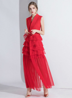 Fashion Red Suit Sleeveless Tulle V-neck Long Evening Dress Fashion Red Suit Sleeveless Tulle V-neck Long Evening Dress