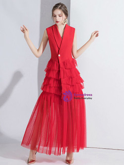 Fashion Red Suit Sleeveless Tulle V-neck Long Evening Dress Fashion Red Suit Sleeveless Tulle V-neck Long Evening Dress