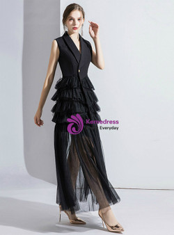 Trendy A-Line Black Suit Sleeveless Tulle V-neck Long Evening Dress Trendy A-Line Black Suit Sleeveless Tulle V-neck Long Evening Dress