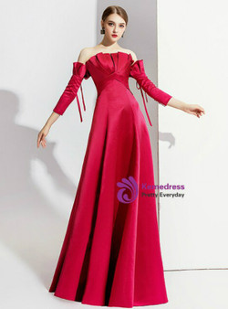 Elegance Red Satin Short Sleeve Off the Shoulder Pleats Prom Dress