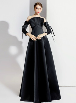 Advanced Black Satin Short Sleeve Off the Shoulder Pleats Prom Dress