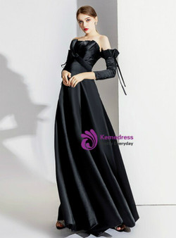 Advanced Black Satin Short Sleeve Off the Shoulder Pleats Prom Dress