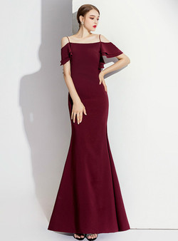 Cheap Burgundy Mermaid Satin Spagehtti Straps Backless Long Prom Dress 