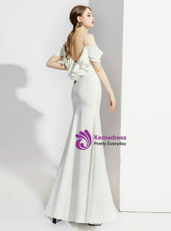 Simple White Mermaid Satin Spagehtti Straps Backless Prom Dress