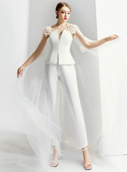 Brilliant White Trouser Skirt Tulle Beading Prom Party Dress With Shawl 