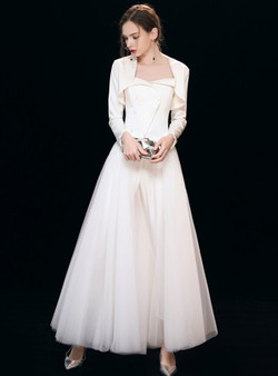 Classic White Satin Tulle Strapless Trouser Skirt Prom Dress With Jacket