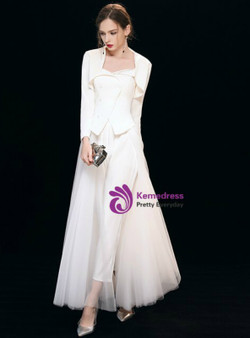 Classic White Satin Tulle Strapless Trouser Skirt Prom Dress With Jacket