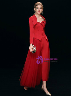 Fashion Red Satin Tulle Strapless Trouser Skirt Prom Dress With Jacket 