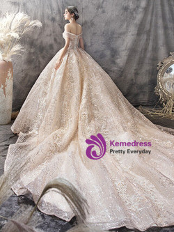 Impressive Champagne Ball Gown Off The Shoulder Sequins Beading Wedding Dress