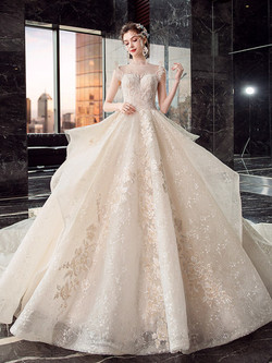 High quality White High Neck Tulle Ruffles Appliques Sequins Wedding Dress