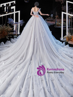 Amazing Tulle Off The Shoulder 3D Flowers Tulle Wedding Dress With Long Train