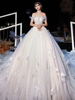 Amazing Tulle Off The Shoulder 3D Flowers Tulle Wedding Dress With Long Train
