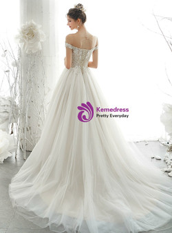 Romance White Ball Gown Cap Sleeve Tulle  Backless Beading Appliques Wedding Dress