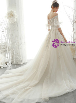 Graceful Tulle Off the Shoulder Puff Sleeve Sequins Appliques Wedding Dress