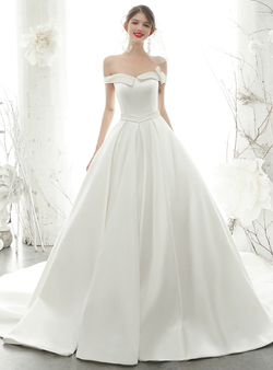Romantic White Satin Off the Shoulder Pearls Wedding Dress With Train