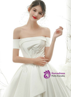 Flattering Satin Off the Shoulder Short Sleeve Beading Wedding Dress With Train