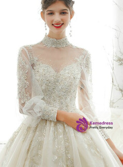 Beautiful Tulle High Neck Backless Long Sleeve Beading Appliques Wedding Dress