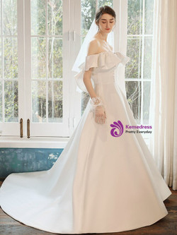 Distinctive White Satin Off the Shoulder Ruffles Button Wedding Dress