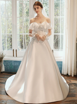 Distinctive White Satin Off the Shoulder Ruffles Button Wedding Dress