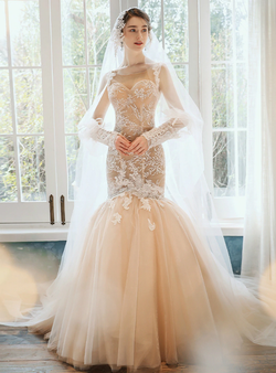 Modest Champagne Mermaid Tulle Appliques Beading Wedding Dress Modest Champagne Mermaid Tulle Appliques Beading Wedding Dress