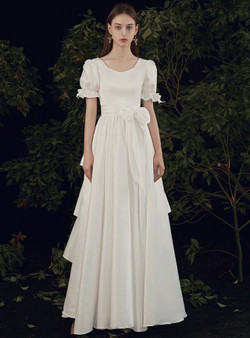 Modest Simple White Satin Puff Sleeve Tiers Wedding Dress With Sash