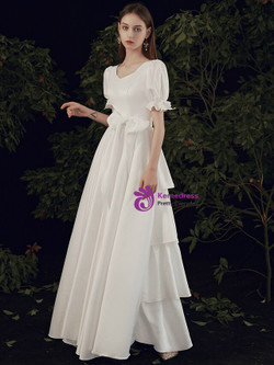Modest Simple White Satin Puff Sleeve Tiers Wedding Dress With Sash
