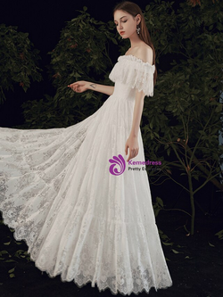 Modern White Lace Off the Shoulder Ruffles Wedding Dress
