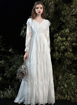 Dreamy White Lace V-neck Long Sleeve Button Beach Wedding Dress