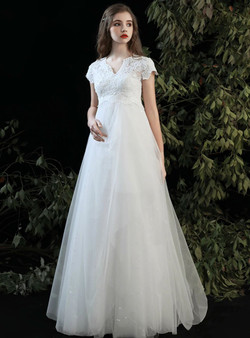 Casual White Tulle Lace High Waist V-neck Cap Sleeve Appliques Wedding Dress