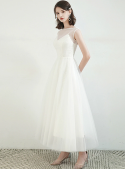 Trendy White Tulle Lace Two Piece Pearls Sleeveless Ankle Length Beach Wedding Dress