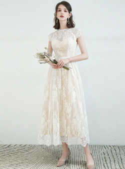 Graceful Champagne Lace Cap Sleeve Tea Length Beach Wedding Dress Graceful Champagne Lace Cap Sleeve Tea Length Beach Wedding Dress