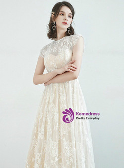 Graceful Champagne Lace Cap Sleeve Tea Length Beach Wedding Dress Graceful Champagne Lace Cap Sleeve Tea Length Beach Wedding Dress