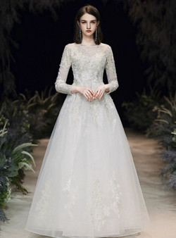 1000+ Styles White Tulle Bateau Champagne Appliques Beading Long Sleeve Wedding Dress