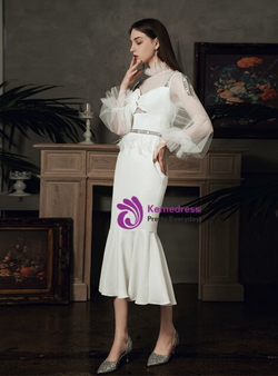 Trendy White Mermaid Satin Tulle Illusion Long Sleeve Button Wedding Dress