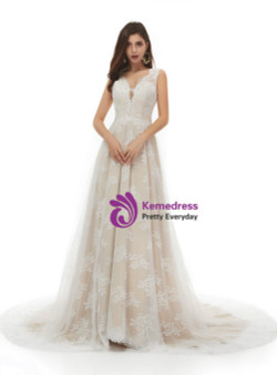 Stylish Champagne Tulle Lace Deep V-neck Backless Pearls Wedding Dress