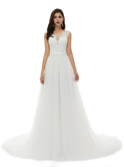 Wonderful White Tulle Scoop Neck Lace Appliques Beading Beach Wedding Dress