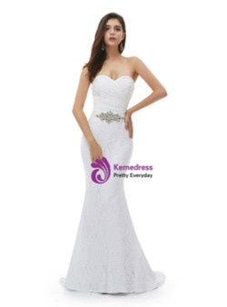 Gorgeous White Mermaid Lace Sweetheart Pleats Belt Wedding Dress  Gorgeous White Mermaid Lace Sweetheart Pleats Belt Wedding Dress