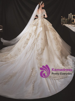 Fairy Tale Champagne Tulle Beading Sequins Appliques Bateau Cap Sleeve Wedding Dress