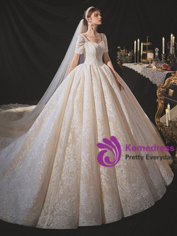 Delicate Champagne Tulle Appliques Sequins Short Sleeve Wedding Dress