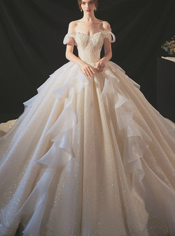 New arrivals Champagne Tulle Sequins Off the Shoulder Beading Wedding Dress